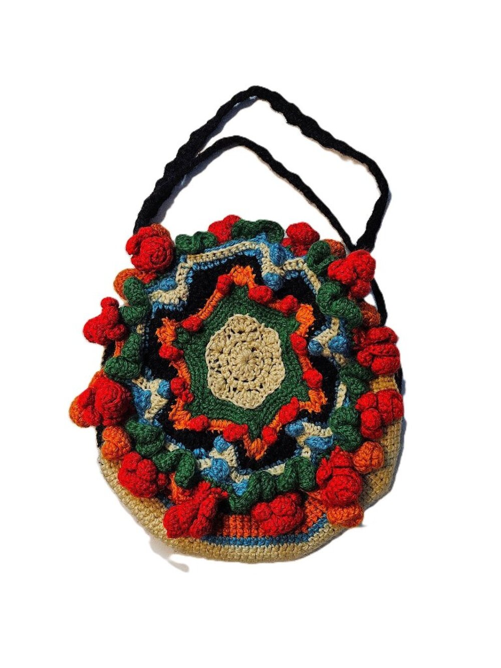 Vintage Crochet Pinwheel Pillow Bag Boho Hippie Spiral Purse Handmade 15" Rare